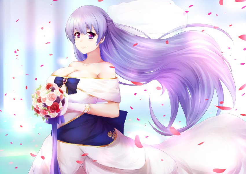 1girl azur_lane bare_shoulders blush bouquet braid breasts bridal_veil cleavage closed_mouth commentary_request dress earrings eyebrows_visible_through_hair floating_hair flower heart heart_earrings highres holding holding_bouquet ibara_azuki jewelry large_breasts lavender_hair long_hair looking_at_viewer petals purple_eyes rodney_(azur_lane) rose rose_petals smile solo veil very_long_hair wedding_dress