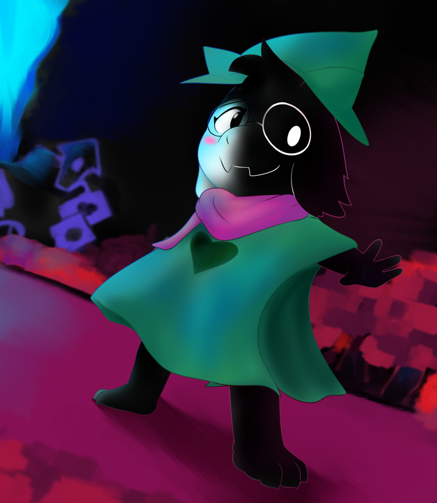 2019 anthro black_fur blush bovid caprine charmandrigo deltarune digital_media_(artwork) eyewear forest front_view fur glasses goat horn looking_at_viewer male mammal outside ralsei smile solo standing tree video_games young