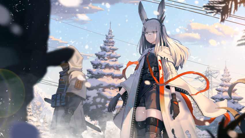 1girl 1other absurdres animal_ears arknights bangs belt black_belt black_gloves black_hairband blue_sky bunny_ears chinese_commentary cloud coat commentary_request cowboy_shot day facial_scar frostnova_(arknights) gloves grey_eyes hairband highres long_sleeves nose_scar open_clothes open_coat outdoors reunion_soldier_(arknights) scar shano_dongxi silver_hair sky standing thighhighs thighs tree white_coat wide_sleeves zettai_ryouiki