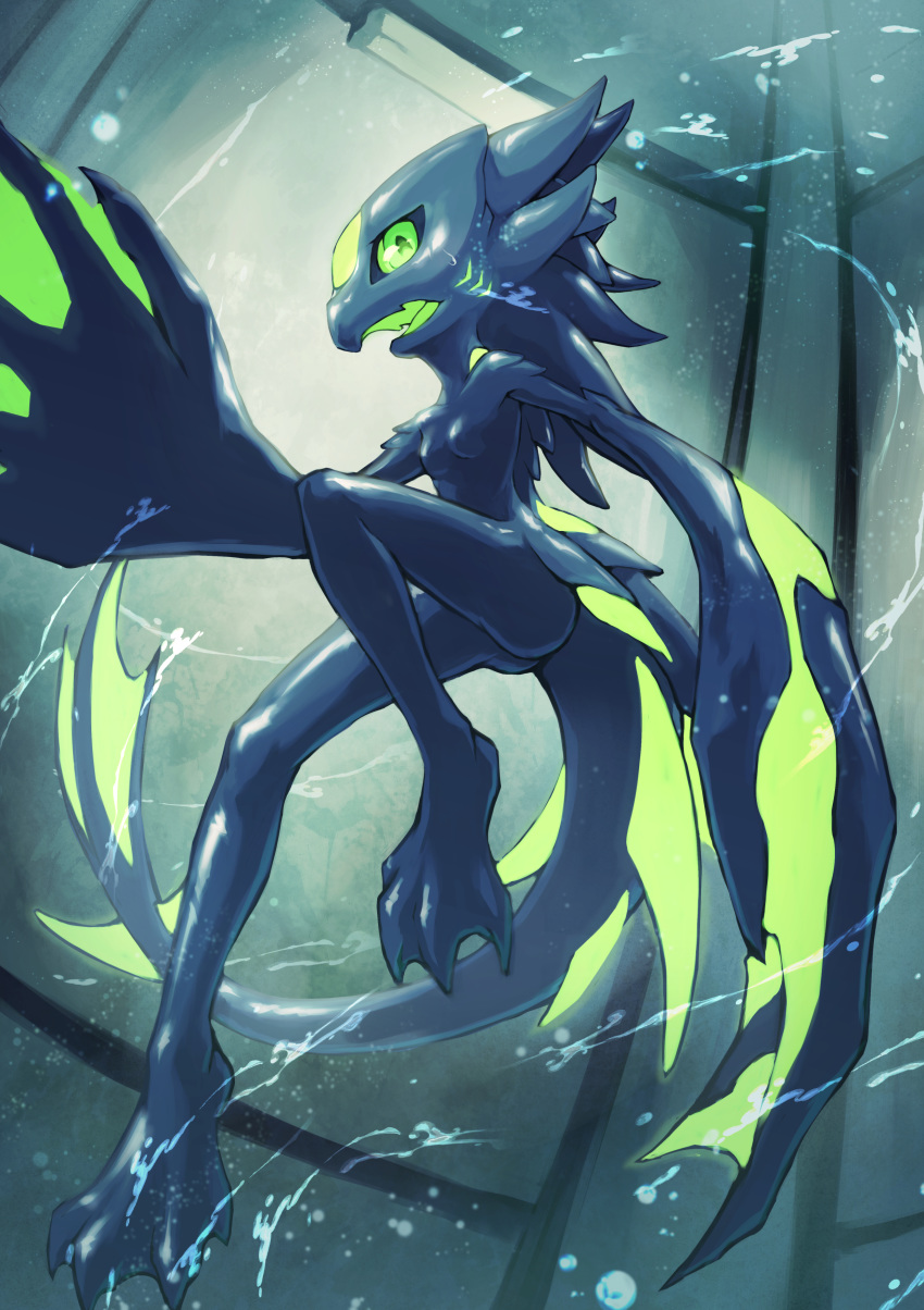 absurd_res anthro big_claws breasts claws dragon female gills glowing glowing_eyes goo_creature green_eyes hi_res marine membrane_(anatomy) non-mammal_breasts open_mouth shimizu_tsubasa small_breasts solo spines swimming symbiote underwater water webbed_feet webbed_hands