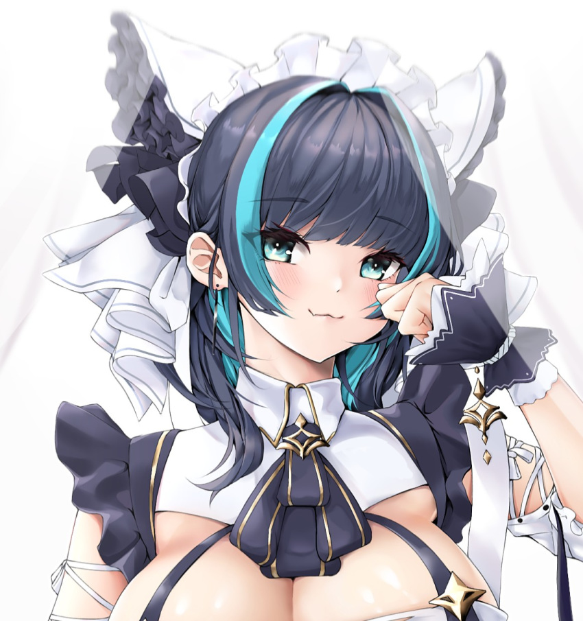 1girl :3 animal_ears aqua_eyes azur_lane bangs black_hair blue_neckwear blunt_bangs blush breasts buki_nankou cat_ears cheshire_(azur_lane) cleavage cleavage_cutout close-up commentary cropped curtains detached_sleeves dress earrings eyebrows_visible_through_hair fang frilled_hairband frilled_headband frilled_ribbon frills hair_intakes hairband highres jewelry large_breasts looking_at_viewer maid_dress maid_headdress multicolored_hair neck_ribbon paw_pose puffy_detached_sleeves puffy_sleeves purple_apron ribbon sidelocks skin_fang skindentation smile solo standing streaked_hair thighhighs wrist_cuffs zettai_ryouiki