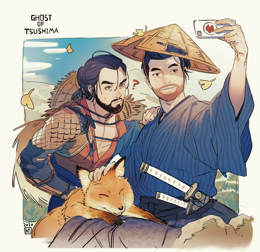 2boys ? animal arm_up armor beard black_eyes black_hair blue_hakama capelet cellphone closed_mouth collarbone copyright_name day facial_hair falling_leaves fox ghost_of_tsushima hair_between_eyes hair_bun hakama hand_on_hip hand_on_shoulder hat highres holding holding_phone japanese_armor japanese_clothes jin_(ghost_of_tsushima) kanataria katana kote leaf male_focus multiple_boys mustache ninjatou open_clothes orange_hakama outdoors petting phone pinstripe_pattern ryuzo_(ghost_of_tsushima) sash self_shot sheath sheathed short_hair short_sword shoulder_armor sky straw_hat striped stubble sweat sword taking_picture upper_body weapon white_background