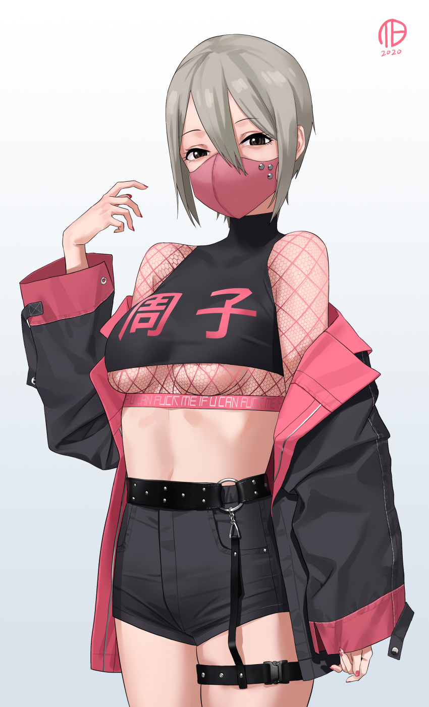 1girl absurdres bare_shoulders black_eyes black_jacket black_shorts breasts clothes_writing covered_mouth cowboy_shot crop_top fishnets gradient gradient_background grey_background grey_hair hair_between_eyes hand_up high-waist_shorts highres idolmaster idolmaster_cinderella_girls jacket lee0110 long_sleeves looking_at_viewer mask medium_breasts midriff mouth_mask off_shoulder open_clothes open_jacket shiomi_shuuko short_hair short_shorts shorts signature solo thigh_strap translation_request underboob