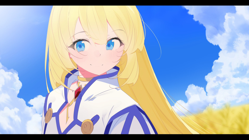 1girl benio_(dontsugel) blonde_hair blue_eyes blue_sky blush choker collet_brunel commentary dot_nose eyebrows_visible_through_hair highres jewelry letterboxed long_hair necklace sky smile solo tagme tales_of_(series) tales_of_symphonia upper_body very_long_hair wheat_field