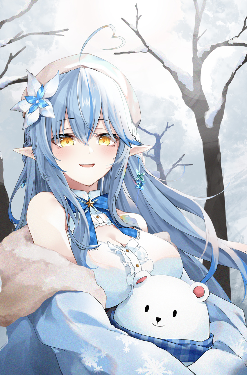 1girl ahoge bare_tree beret blue_hair blue_neckwear blush breasts cleavage coat commentary daifuku_(lamy_channel) dress earrings eyebrows_visible_through_hair flower fur-trimmed_coat fur_trim hair_between_eyes hair_flower hair_ornament hat heart_ahoge highres hololive jewelry light_blue_hair long_hair looking_at_viewer medium_breasts multicolored_hair neck_ribbon off_shoulder open_mouth pointy_ears ribbon sleeveless sleeveless_dress smile snow solo stuffed_animal stuffed_toy teddy_bear toto_(kuro_toto) tree two-tone_hair upper_body virtual_youtuber white_coat white_dress white_headwear yellow_eyes yukihana_lamy