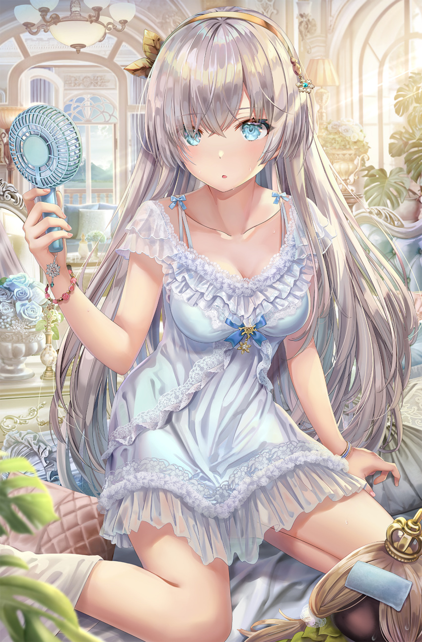 1girl anastasia_(fate/grand_order) bangs blue_eyes blush breasts cleavage collarbone doll dress fan fate/grand_order fate_(series) flower hair_over_one_eye hairband highres large_breasts light_rays long_hair looking_at_viewer open_mouth plant potted_plant rose silver_hair sitting thighs torino_akua viy wariza white_dress
