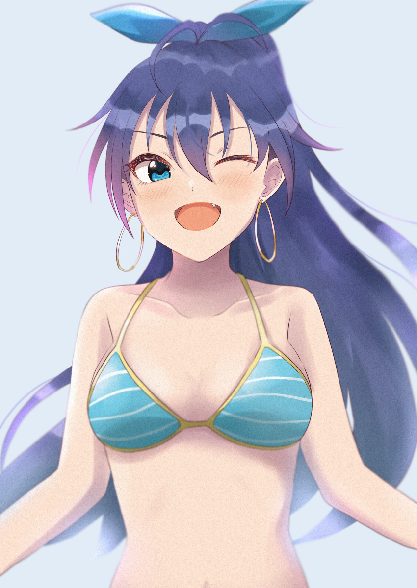 :d absurdres bangs bikini bikini_top blue_background blue_bikini blue_eyes blue_ribbon blush breasts cleavage collarbone earrings fang fang_out ganaha_hibiki hair_between_eyes hair_ribbon high_ponytail highres hoop_earrings idolmaster idolmaster_(classic) idolmaster_2 jewelry long_hair looking_to_the_side medium_breasts navel one_eye_closed open_mouth ponytail ribbon rrtp simple_background sleeveless smile solo striped striped_bikini swimsuit upper_body