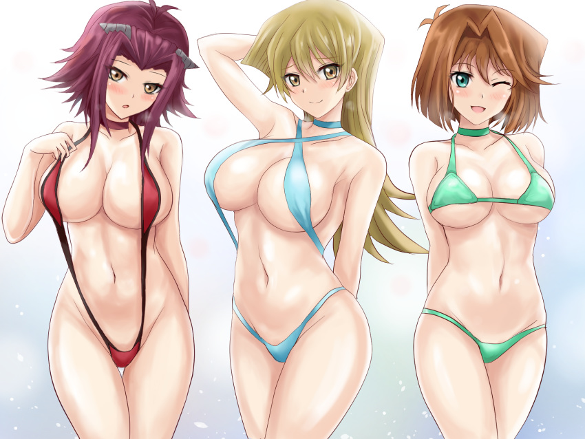 3girls ;d arm_behind_back arm_up arms_behind_back bangs bikini blonde_hair blue_bikini blue_choker blue_eyes blush breasts breath brown_eyes brown_hair choker cleavage cloud collarbone cowboy_shot criss-cross_halter eyebrows_visible_through_hair gradient gradient_background green_bikini green_choker grey_background groin hair_intakes hair_ornament halterneck highres izayoi_aki large_breasts looking_at_viewer mazaki_anzu multiple_girls navel one_eye_closed open_mouth r-binon red_hair red_swimsuit shiny shiny_hair short_hair short_hair_with_long_locks sideboob sidelocks skindentation slingshot_swimsuit smile standing sweatdrop swimsuit tenjouin_asuka underboob yuu-gi-ou yuu-gi-ou_5d's