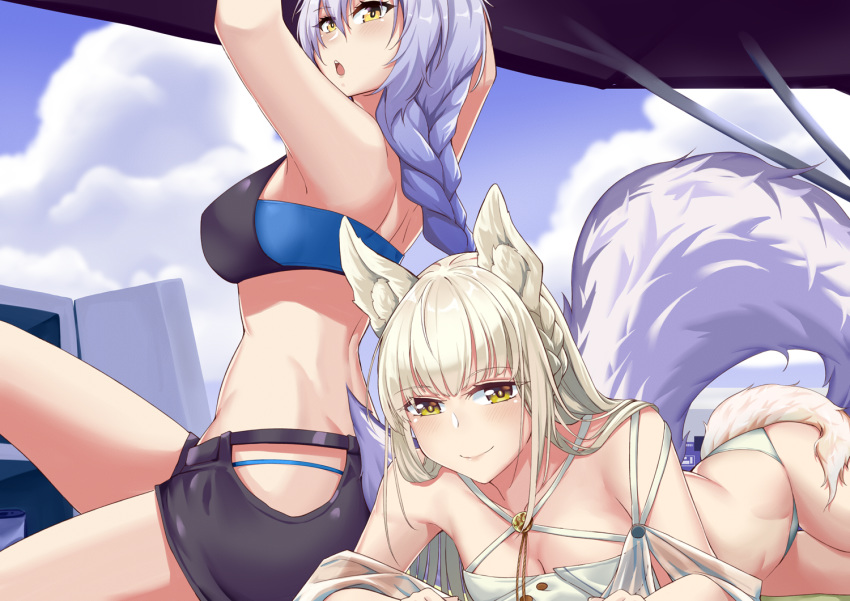 2girls animal_ear_fluff arknights arms_up bangs bare_shoulders bikini black_bikini blue_sky braid breasts cleavage cloud commentary_request criss-cross_halter day eyebrows_visible_through_hair hair_between_eyes halterneck hip_vent hpapo large_tail long_hair looking_at_viewer multiple_girls open_mouth outdoors platinum_(arknights) provence_(arknights) purple_hair silver_hair sky swimsuit tail thighs white_bikini wolf_tail yellow_eyes
