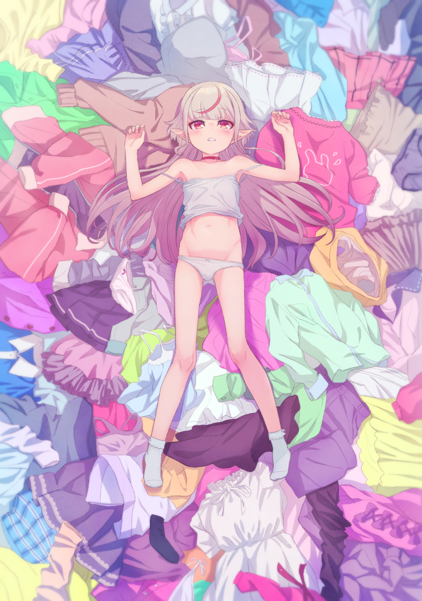 1girl bare_shoulders blush camisole clothes collar collarbone commentary_request dress eyebrows_visible_through_hair grey_hair highres jacket long_hair lying makaino_ririmu multicolored_hair navel nijisanji on_back panties parted_lips pointy_ears red_collar red_eyes red_hair sabamen shirt shorts sidelocks skirt socks solo strap_slip streaked_hair sweater underwear virtual_youtuber white_legwear white_panties
