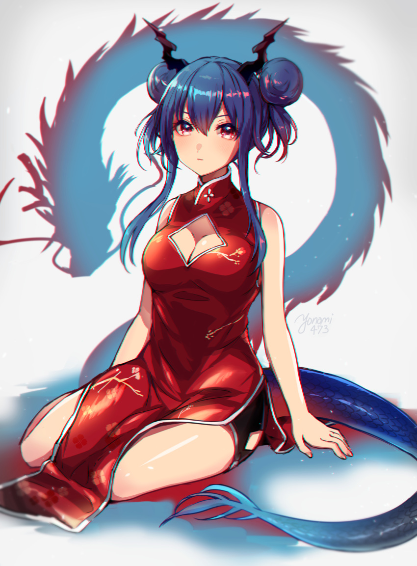 1girl arknights bangs bare_arms bare_shoulders blue_hair breasts ch'en_(arknights) china_dress chinese_clothes chizuru_(ambient) cleavage cleavage_cutout commentary_request double_bun dragon_horns dragon_tail dress grey_background hair_between_eyes highres horns long_hair looking_at_viewer medium_breasts partial_commentary pink_eyes red_dress sidelocks sitting sleeveless sleeveless_dress solo tail thighs yokozuwari