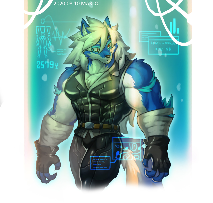 anthro belt biceps canid canine canis cheong_hwan clothed clothing digital_media_(artwork) fingerless_gloves fur gloves hair handwear hi_res male mammal muscular muscular_anthro muscular_male pecs red_eyes simple_background solo wolf wolfmalro