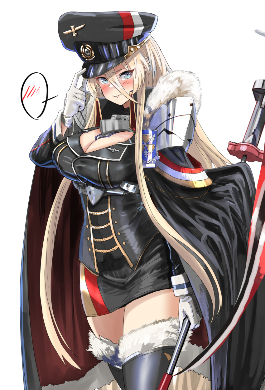 1girl absurdres aiguillette azur_lane bismarck_(azur_lane) black_legwear blonde_hair blue_eyes blush cape fur-trimmed_cape fur_trim grey_eyes hat hey_taishou highres iron_cross long_hair looking_at_viewer medal military military_hat military_uniform peaked_cap solo spoken_blush thighhighs uniform