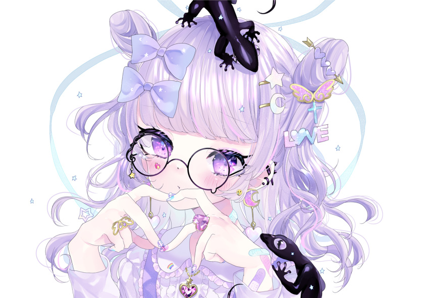 animal blush bow glasses long_hair original purple_eyes purple_hair remimim