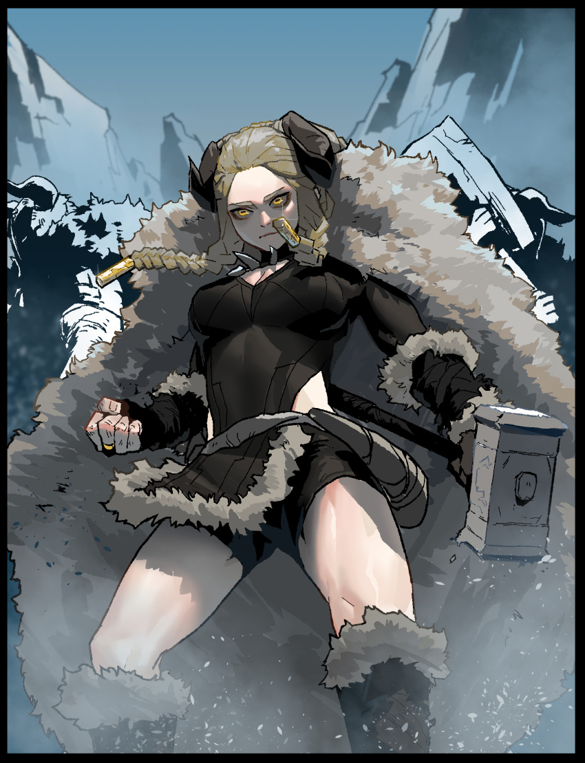 1girl asymmetrical_gloves black_clothes black_footwear black_gloves black_shorts blonde_hair boots braid breasts cape cleavage closed_mouth commentary_request fingerless_gloves fur fur_boots fur_cape gloves gogalking hair_ornament hair_over_shoulder hammer highres holding holding_hammer holding_weapon horns large_breasts long_hair long_sleeves looking_at_viewer mountain muscle muscular_female neckwear original shirt shorts single_fingerless_glove sky solo_focus standing twin_braids weapon winter yellow_eyes