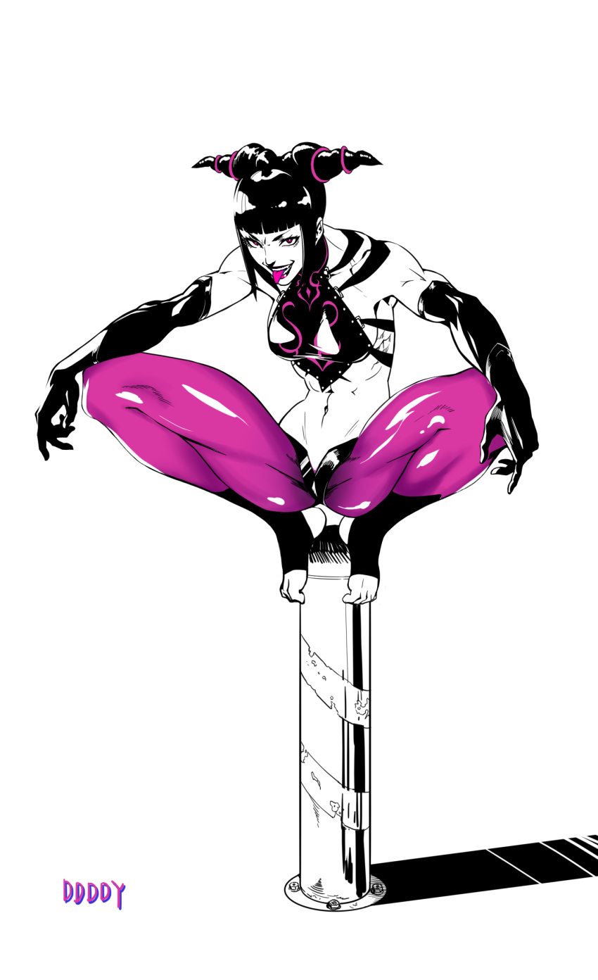 absurdres bangs biceps black_gloves black_hair blunt_bangs breasts chinese_clothes drill_hair dudou full_body gloves grin half-pencil halter_top halterneck han_juri highres leggings looking_at_viewer midriff navel open_mouth purple_eyes purple_legwear simple_background smile spread_legs squatting street_fighter street_fighter_iv_(series) teeth toeless_legwear toes toned tongue twin_drills white_background