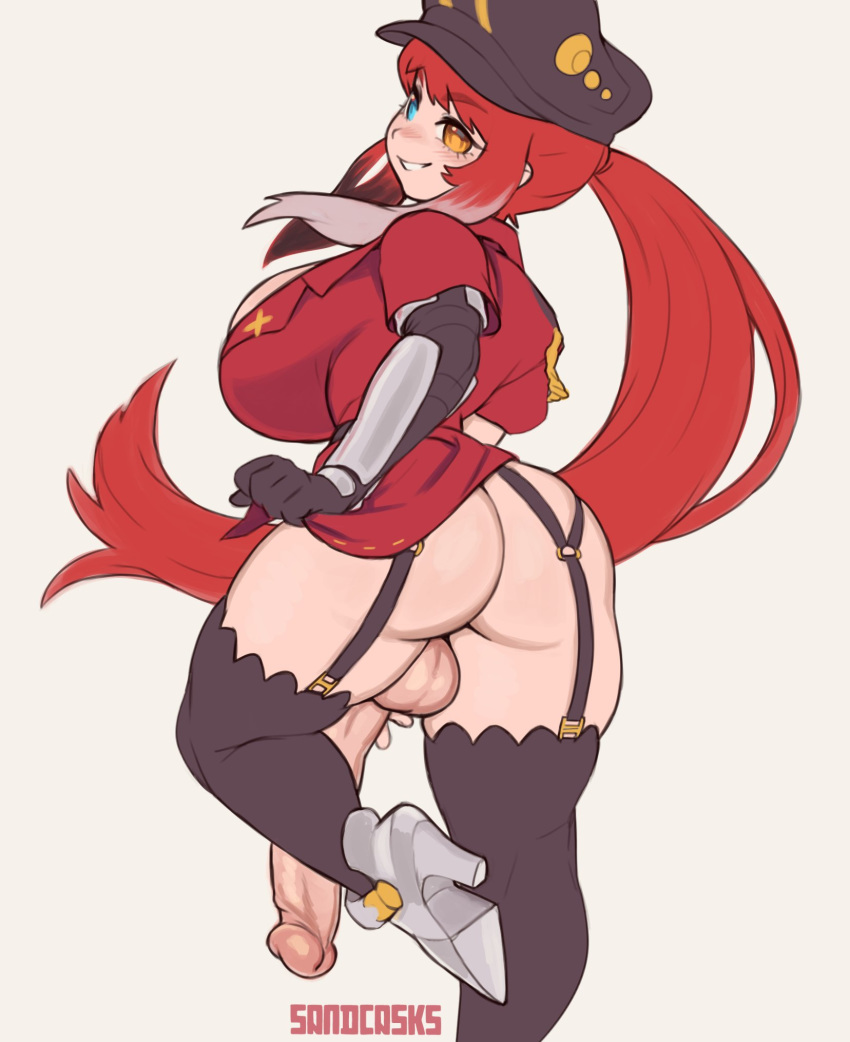 1girl arm_armor artist_name ass black_garter_straps black_headwear black_legwear blush bottomless breasts cowboy_shot english_commentary from_behind futanari garter_straps grey_footwear grin hat heterochromia high_heels highres huge_ass huge_breasts large_penis leg_up long_hair looking_at_viewer multicolored_hair original penis ponytail red_hair sandcasket sidelocks simple_background smile solo testicles thick_thighs thighhighs thighs very_long_hair white_background