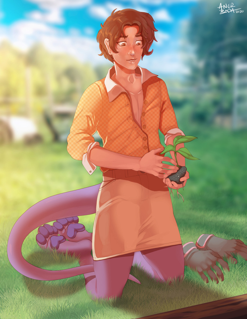 2020 5_fingers angrboda blurred_background bottomwear brown_eyes brown_hair clothed clothing cloud day fingers fully_clothed gloves grass hair handwear hi_res holding_object holding_plant kneeling male nonbinary_(lore) outside pawpads plant purple_body short_hair skirt solo species_request split_form