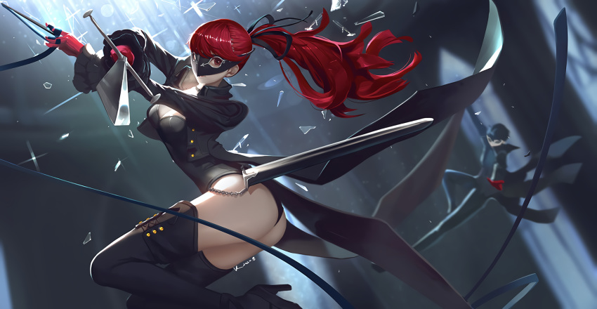 amamiya_ren ass gloves long_hair male mask persona persona_5 ponytail red_hair thighhighs vafar7 yoshizawa_kasumi