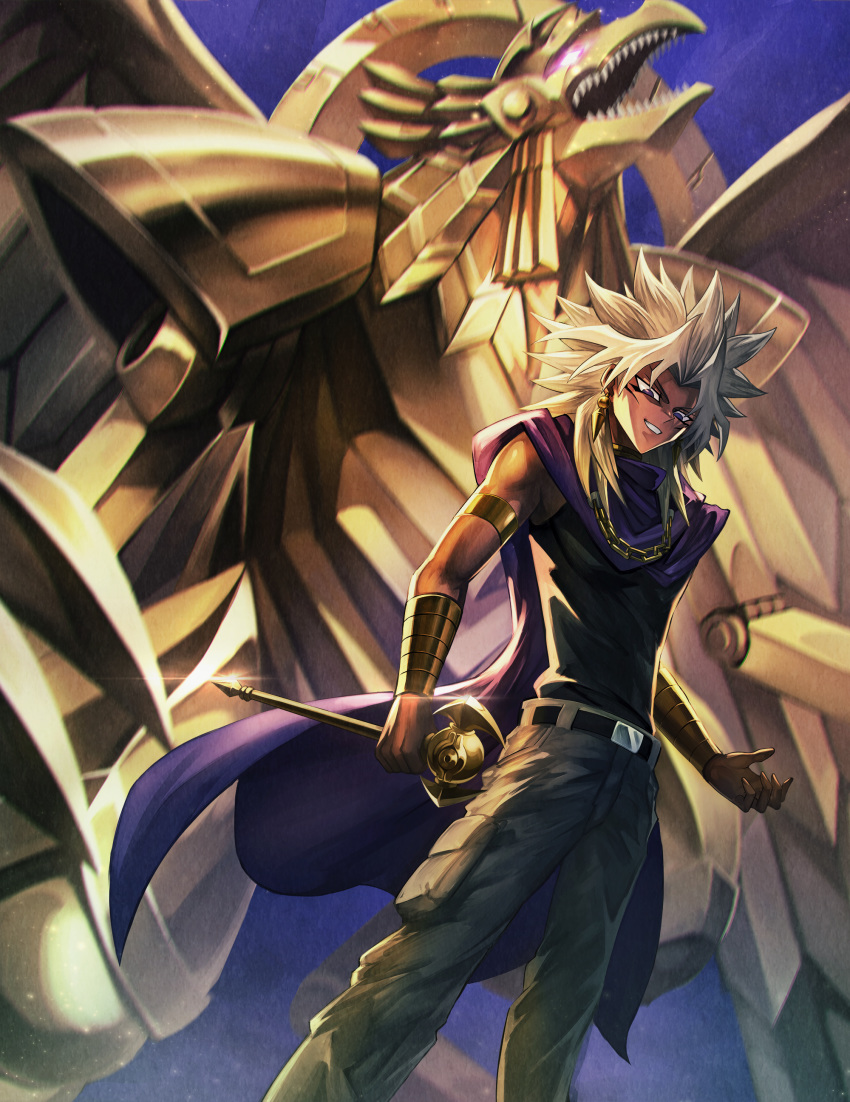 1boy absurdres armlet belt belt_buckle buckle cape chain_necklace commentary_request dark_skin dark_skinned_male duel_monster earrings glint highres holding jewelry looking_down millennium_rod pants shiny size_difference smile spiked_hair standing teeth the_winged_dragon_of_ra vambraces white_hair y.m yami_marik yuu-gi-ou yuu-gi-ou_duel_monsters