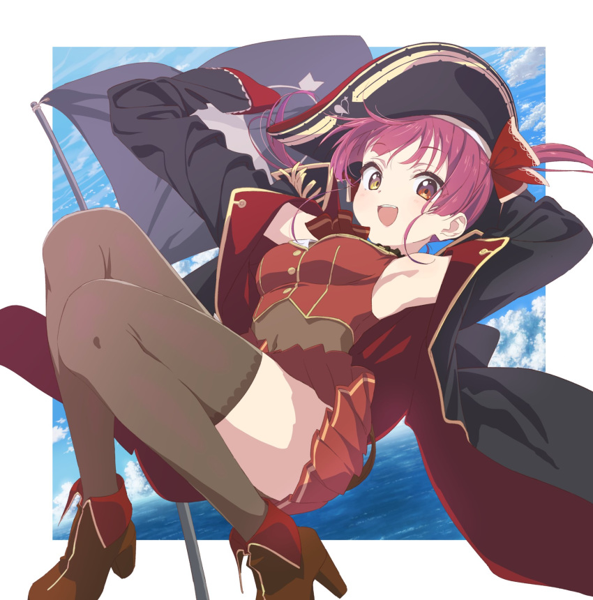 1girl :d archellaura armpits arrow_through_heart bicorne black_coat black_headwear black_legwear blush bodystocking boots breasts brown_footwear coat cropped_jacket eyebrows_visible_through_hair flag full_body hair_ribbon hat heterochromia high_heel_boots high_heels highres hololive houshou_marine jacket looking_at_viewer medium_breasts medium_hair miniskirt no_eyepatch open_clothes open_coat open_mouth pirate_hat pleated_skirt red_eyes red_hair red_jacket red_skirt ribbon skirt sleeveless sleeveless_jacket smile solo thighhighs thighs twintails virtual_youtuber yellow_eyes