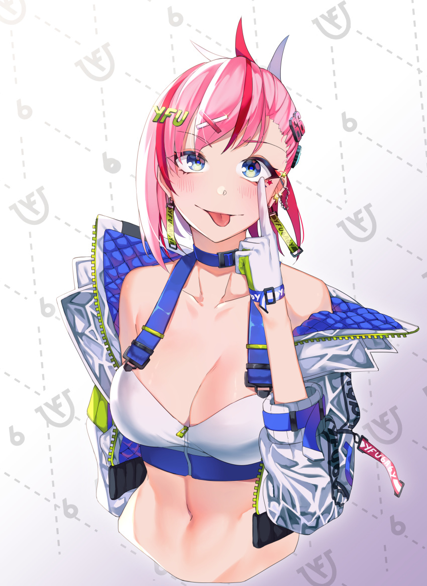 1girl absurdres blue_eyes breasts cleavage commission english_commentary esencey finger_to_eye highres indie_virtual_youtuber jacket looking_to_the_side medium_breasts midriff navel off-shoulder_jacket pink_hair solo upper_body virtual_youtuber yfu