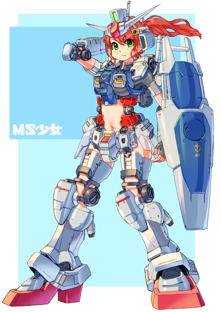 1girl absurdres ag_00000 bangs eyebrows_visible_through_hair fingerless_gloves gloves green_eyes gundam gundam_0083 gundam_gp-01_zephyranthes hand_behind_head highres holding holding_shield looking_to_the_side mecha_musume open_hand red_hair shield solo standing v-fin v-shaped_eyebrows