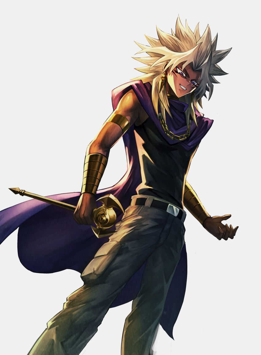 1boy absurdres armlet belt belt_buckle buckle cape chain_necklace commentary dark_skin dark_skinned_male earrings highres holding jewelry looking_down male_focus millennium_rod pants simple_background smile solo spiked_hair standing teeth vambraces white_background white_hair y.m yami_marik yuu-gi-ou yuu-gi-ou_duel_monsters