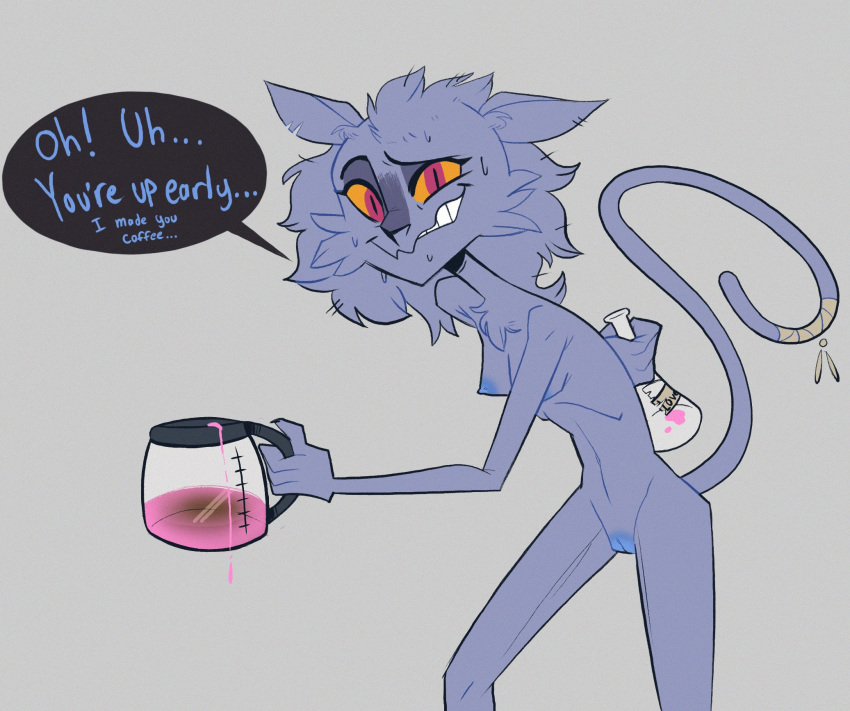 2019 anthro beverage bodily_fluids breasts coffee crowdrawslewd dialogue digital_media_(artwork) domestic_cat english_text felid feline felis female forced_smile genitals hand_behind_back hi_res love_potion mammal mature_female nervous nervous_smile nipples nude pussy red_eyes simple_background skinny slim solo standing suspicious sweat sweatdrop text unknown_character yellow_sclera