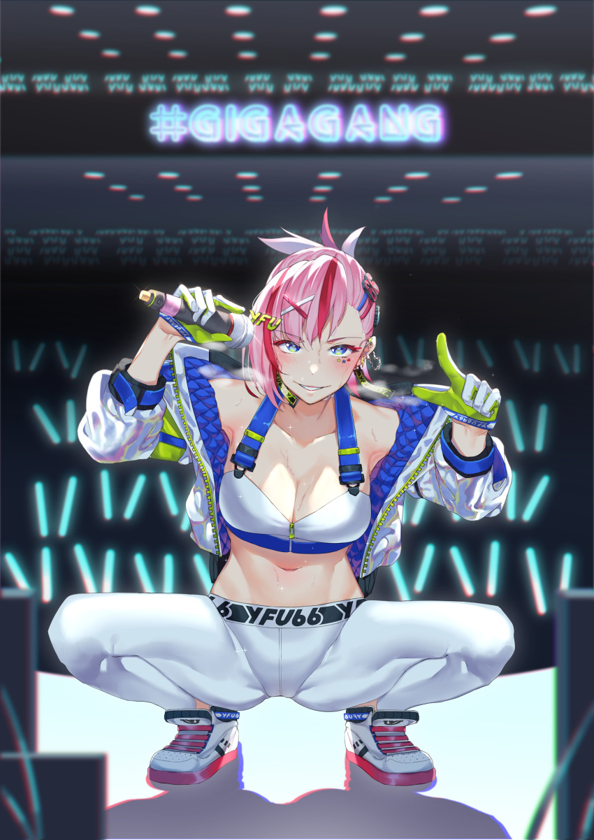 1girl absurdres blue_eyes breasts character_name cleavage commission crowd earrings english_commentary english_text esencey gloves hair_behind_ear hair_ornament hairclip highres holding holding_microphone indie_virtual_youtuber jewelry leaning_forward medium_breasts microphone midriff navel number_hair_ornament pink_hair pointing shoes sneakers solo squatting stage sweat tied_hair virtual_youtuber yfu