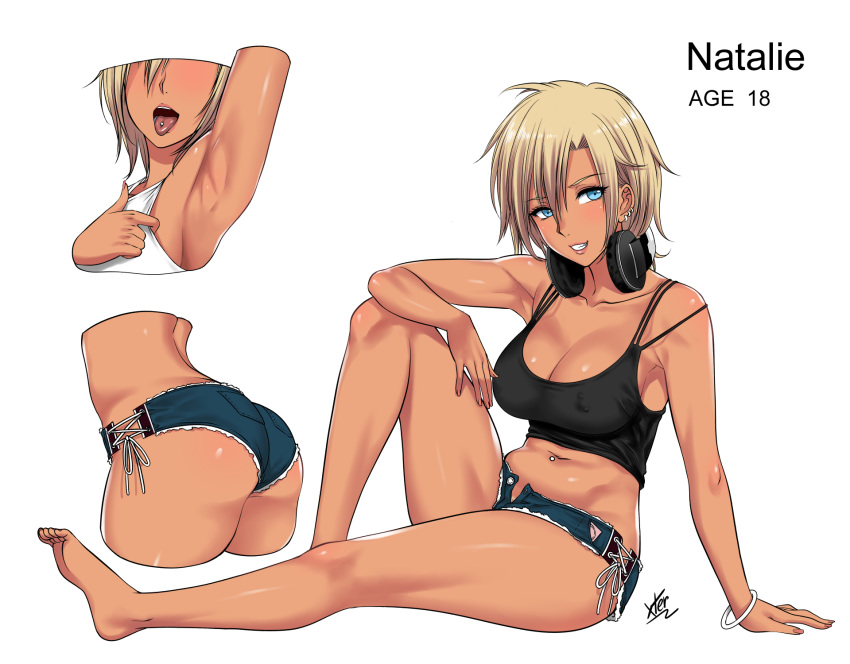 aliasing aqua_eyes ass blonde_hair breasts cleavage dark_skin erect_nipples headphones original pubic_hair short_hair shorts signed white wristwear xtermination