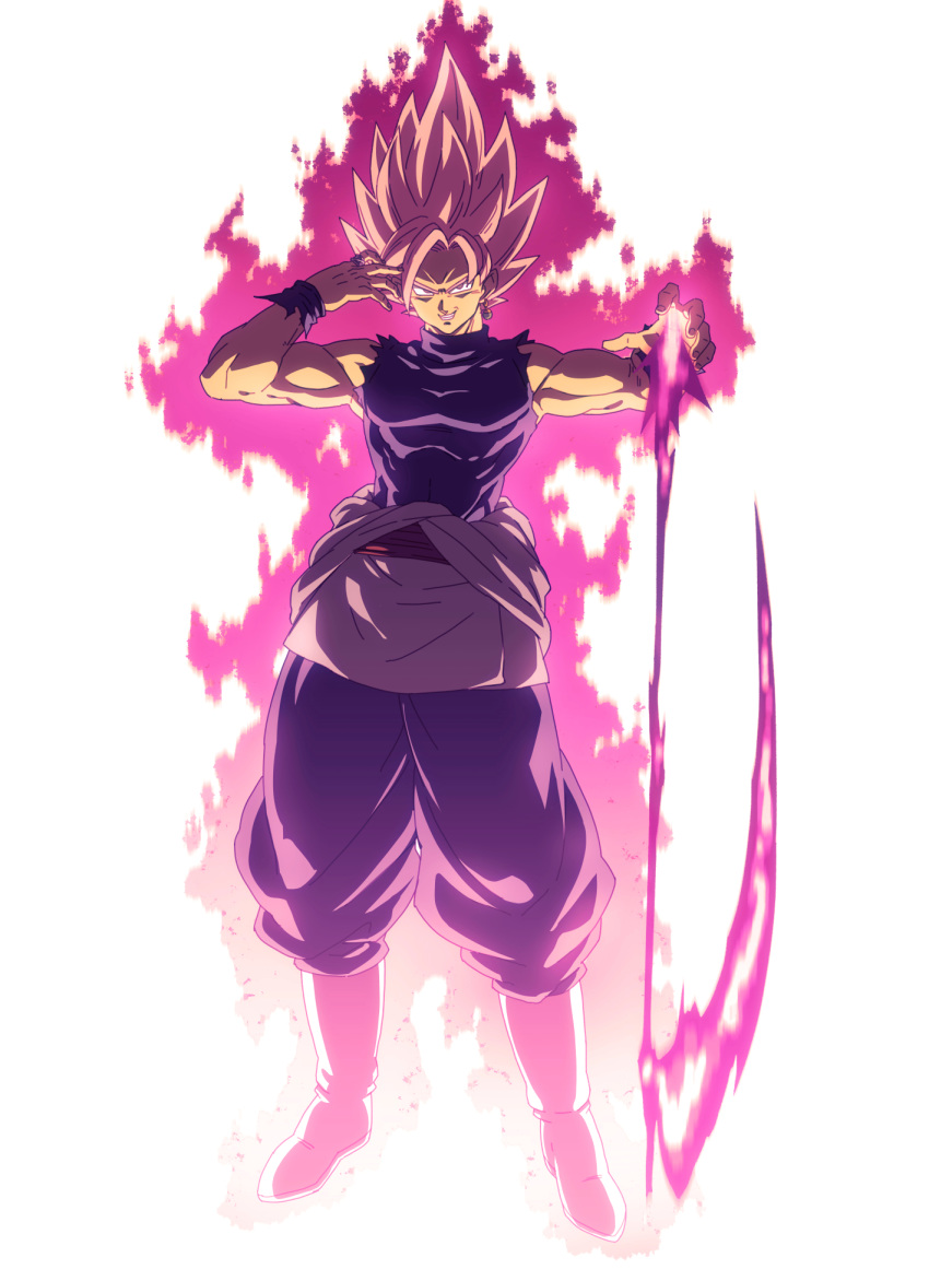 1boy abs aura baggy_pants black_pants black_shirt boots clenched_teeth clothes_down dragon_ball dragon_ball_super earrings energy_sword evil_grin evil_smile fingernails full_body gokuu_black grin hand_on_own_face hands_up highres holding holding_weapon jewelry legs_apart looking_at_viewer male_focus muscle official_style pants pectorals pink_hair pink_theme potara_earrings ring scythe shaded_face shirt simple_background smile solo spiked_hair standing super_saiyan super_saiyan_rose sword tasaka_shinnosuke taut_clothes taut_shirt teeth torn_clothes torn_shirt weapon white_background white_footwear wristband