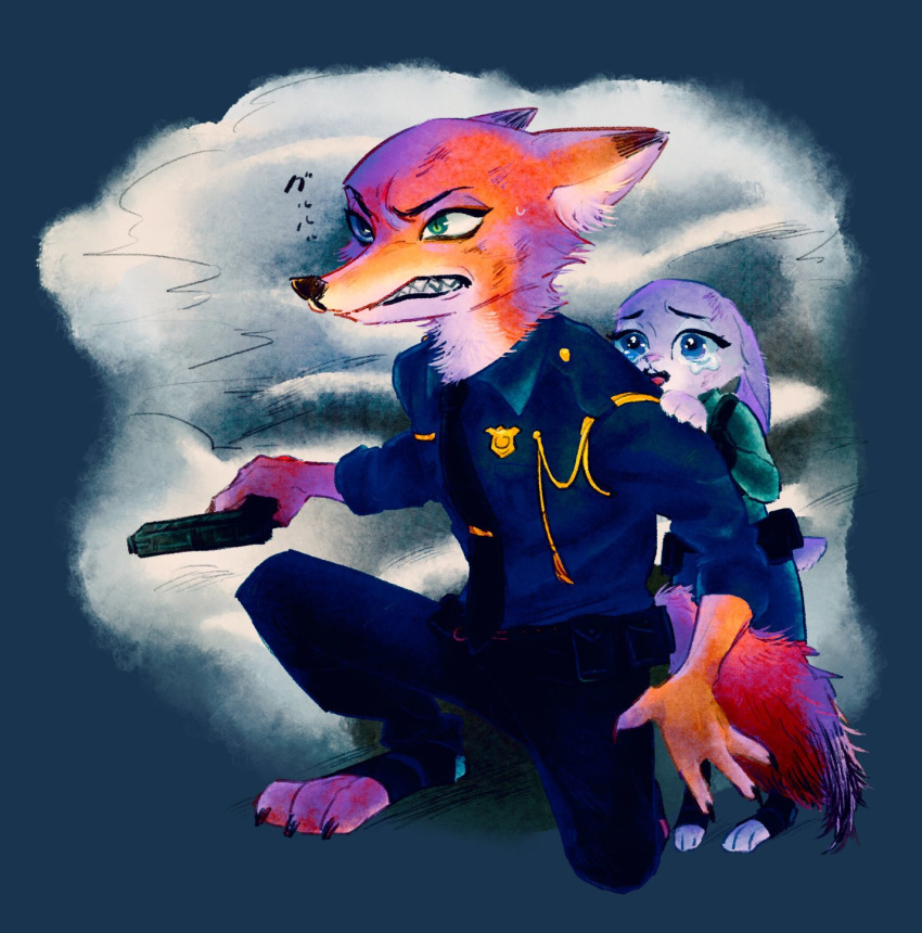 2020 angry anthro belt bodily_fluids bottomwear canid canine clothing dipstick_ears disney fox fur gun handgun hi_res holding_gun holding_object holding_weapon judy_hopps kneeling lagomorph leporid mammal multicolored_ears necktie nick_wilde on_one_knee onomimononnon orange_body orange_fur pants pistol police_uniform rabbit ranged_weapon red_fox shirt simple_background size_difference standing tears toeless_footwear topwear uniform weapon zootopia