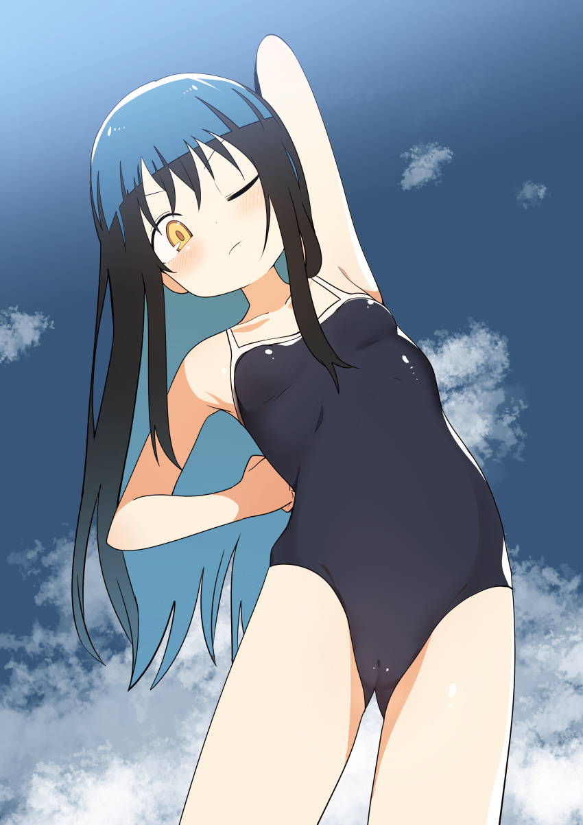 1girl absurdres arm_up black_hair blush breasts bural_chingu cameltoe day highres ju_hyeon-mi long_hair looking_at_viewer luke_(dydansgur) one-piece_swimsuit one_eye_closed outdoors sky small_breasts solo stretch swimsuit yellow_eyes