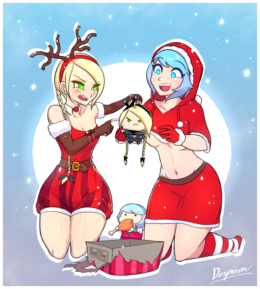 2girls absurdres antlers belt belt_buckle blonde_hair blue_eyes blue_hair braid breasts buckle chibi christmas crop_top derpixon elbow_gloves gloves green_eyes highres hood hoodie kneehighs medium_breasts midriff multiple_girls navel original pixen_(derpixon) santa_costume skirt small_breasts snow striped striped_legwear underboob ydelle_(derpixon)