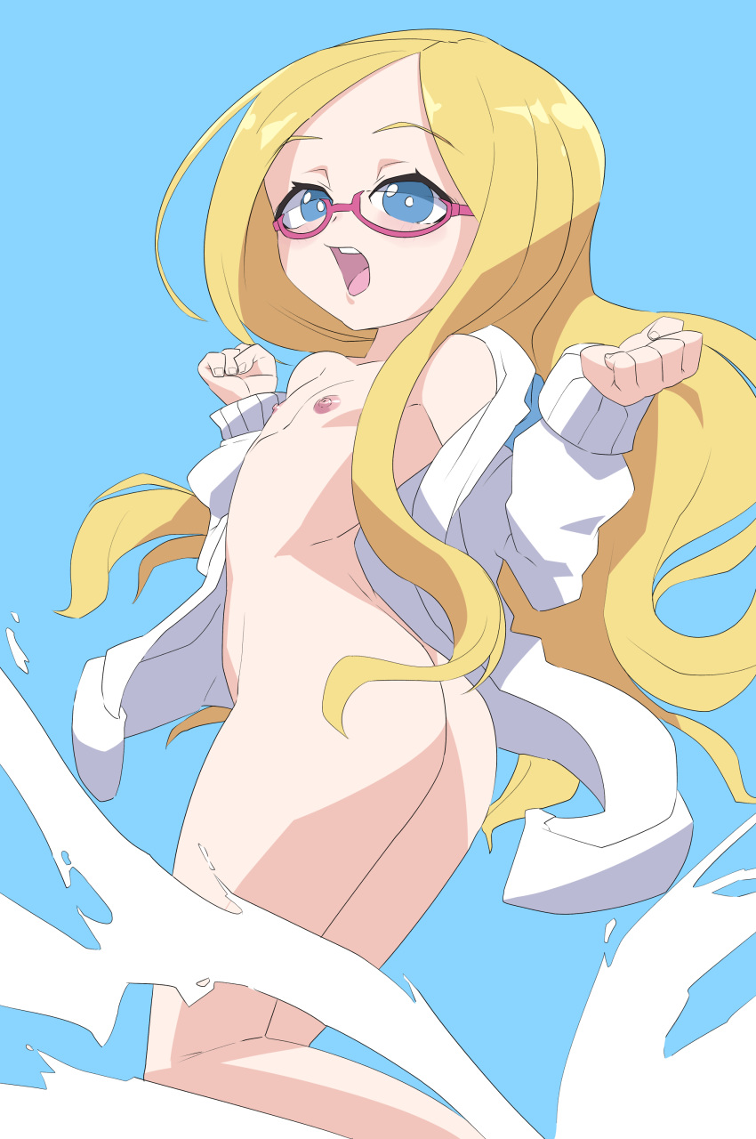 1girl absurdres ass blonde_hair blsh blue_background blue_eyes blush clenched_hands collarbone eyebrows_visible_through_hair flat_chest from_behind gelbooru gelbooru-tan hands_up highres ixy_(style) jacket leg_up long_hair long_sleeves looking_at_viewer looking_back naked_jacket nipples off_shoulder open_clothes open_jacket open_mouth red-framed_eyewear semi-rimless_eyewear shiny shiny_hair shiny_skin simple_background solo splashing standing standing_on_one_leg teeth twisted_torso very_long_hair water white_jacket