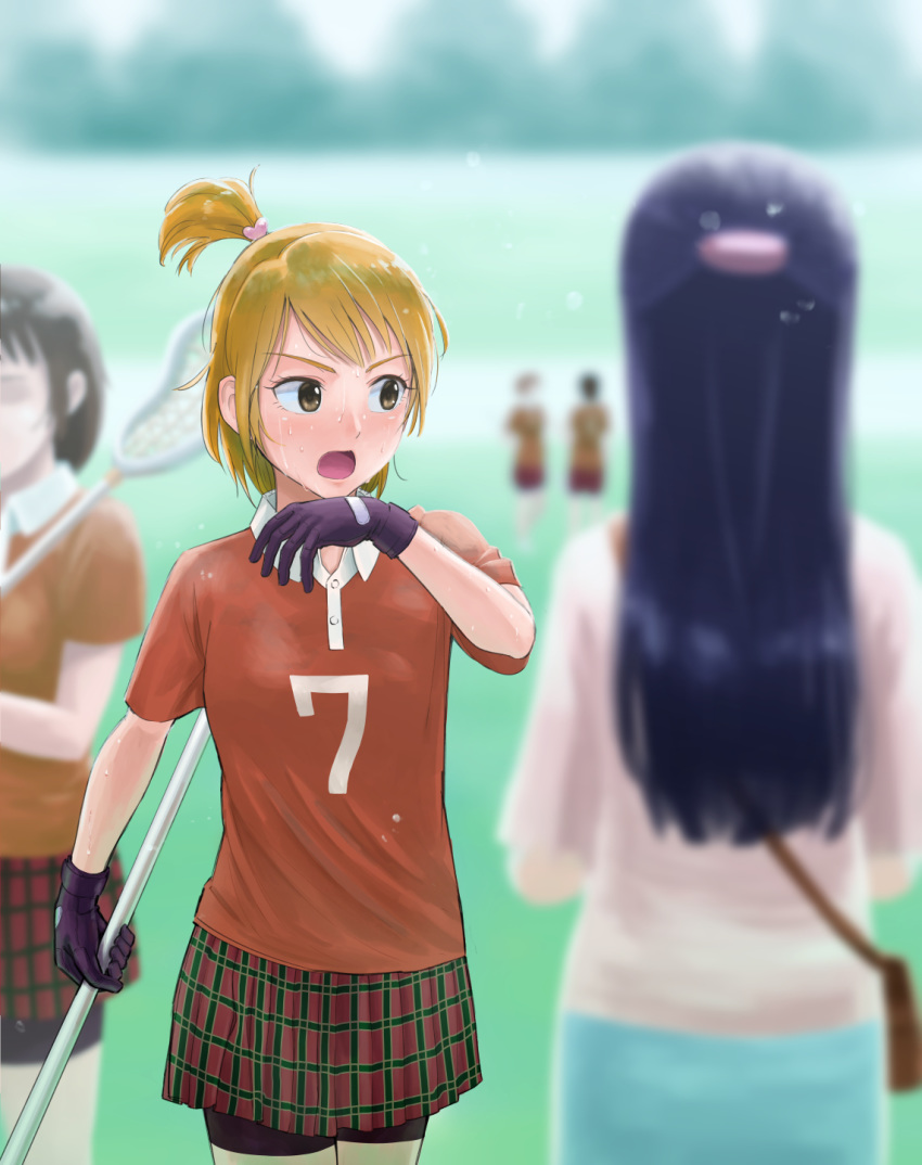 5girls bike_shorts black_gloves black_shorts blonde_hair blue_hair blue_skirt blurry blurry_background blurry_foreground braid brown_eyes french_braid futari_wa_precure gloves hair_ornament highres itou_shin'ichi lacrosse lacrosse_stick long_hair miniskirt misumi_nagisa multiple_girls number_print one_side_up open_mouth outdoors plaid plaid_skirt pleated_skirt precure print_shirt red_shirt red_skirt shiny shiny_hair shirt short_hair short_shorts short_sleeves shorts shorts_under_skirt skirt solo_focus sweat very_long_hair white_shirt yukishiro_honoka