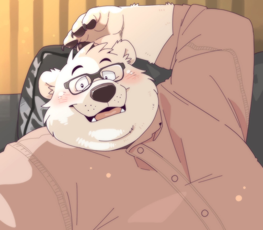 2020 anthro belly blush clothing eyewear fur garouzuki glasses hi_res inside kemono male mammal overweight overweight_anthro overweight_male pillow polar_bear shirt solo topwear ursid ursine white_body white_fur