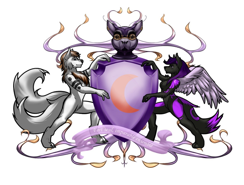2017 anthro black_eyes black_nose breasts brown_hair brown_tuft canid canine canis chest_tuft claws coat_of_arms crescent_moon digital_media_(artwork) double_tail duo eyebrows fluffy fluffy_tail french_text fur hair mammal moon nude pimpartist purple_eyes purple_hair shield simple_background text tuft white_background wings wolf