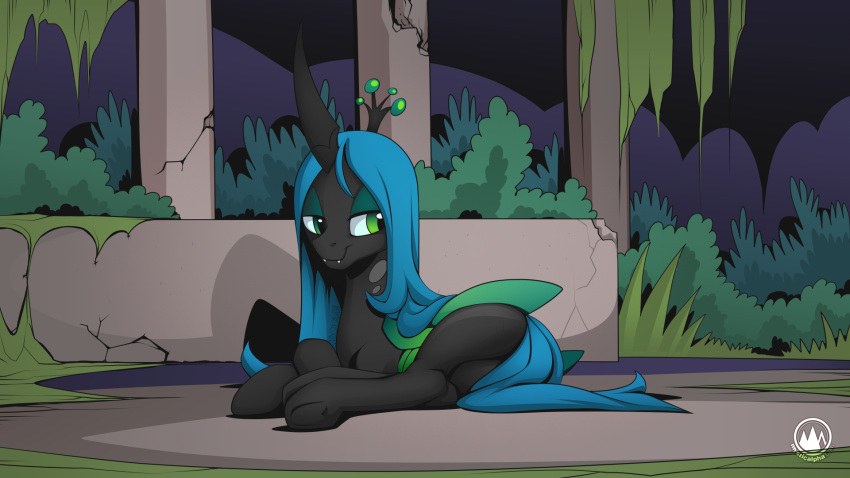 16:9 2020 arthropod blue_hair changeling digital_drawing_(artwork) digital_media_(artwork) female feral friendship_is_magic green_eyes hair hasbro hi_res hooves my_little_pony mysticalpha outside queen_chrysalis_(mlp) shaded signature solo watermark widescreen