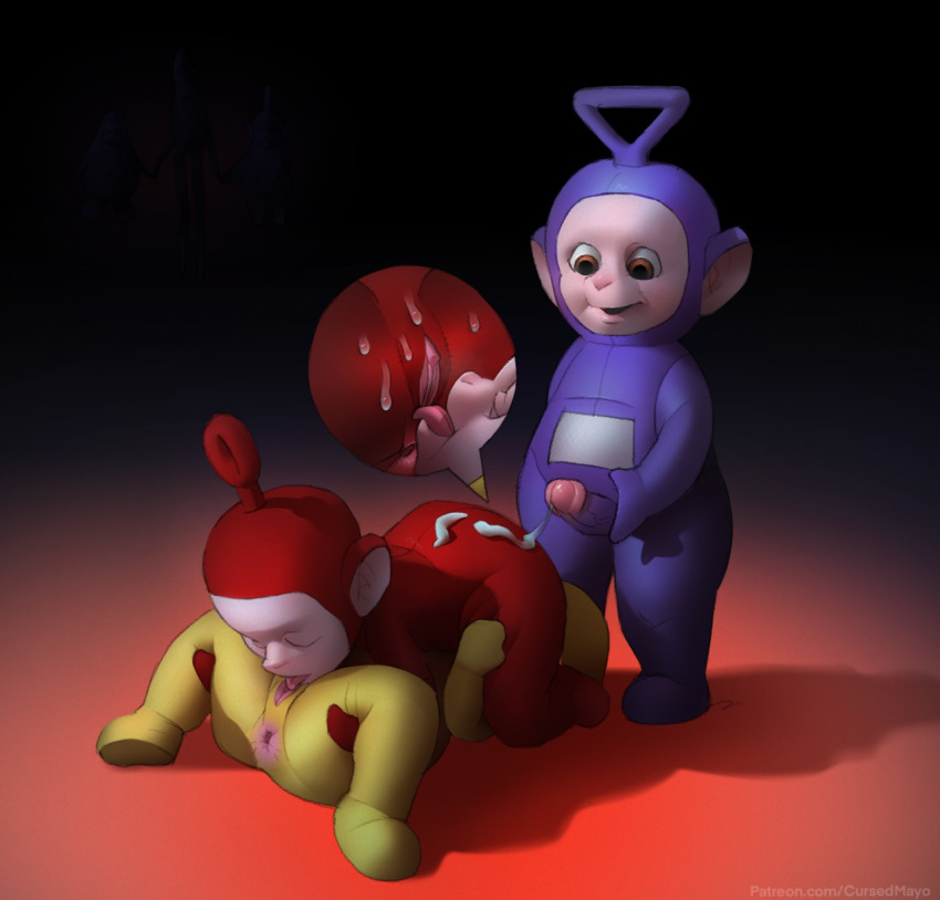 69_position all_fours anus bodily_fluids clothing costume creepy cum cunnilingus cursed_image cursedmayo erection eyes_closed female female/female genital_fluids genitals group group_sex happy hi_res humanoid laa-laa_(teletubbies) leg_grab looking_down male male/female nightmare_fuel on_ground on_top open_eye open_mouth oral penis po_(teletubbies) pussy sex shadow simple_background spread_legs spreading standing standing_sex teletubbies teletubby threesome tinky_winky_(teletubbies) tongue vaginal what where_is_your_god_now why