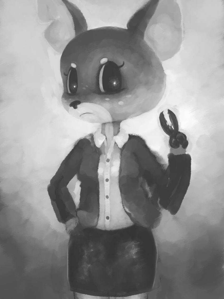 3:4 anthro black_pupils cervid cervine clothing female hasukii hi_res mammal monochrome nikita_perovskia office_clothing pupils scissors simple_background solo spots standing the_testimony_of_trixie_glimmer_smith unfinished white_background white_spots