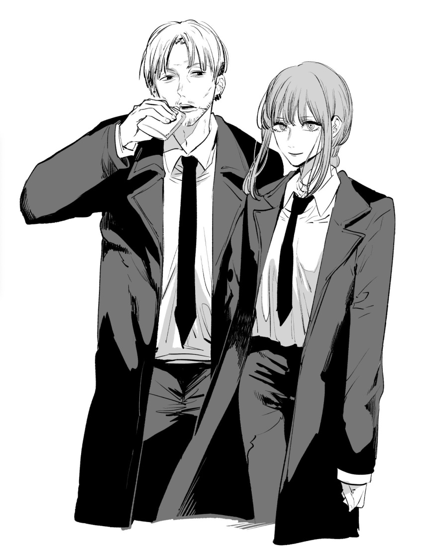 1boy 1girl alcohol bangs black_jacket black_neckwear black_pants business_suit chainsaw_man drinking ear_piercing earrings eyebrows_visible_through_hair facial_hair formal highres jacket jewelry kishibe_(chainsaw_man) light_smile long_hair long_sleeves looking_at_viewer makima_(chainsaw_man) monochrome necktie open_mouth pants piercing ringed_eyes scar shirt shirt_tucked_in short_hair smile suit white_background white_shirt yokoyari_mengo