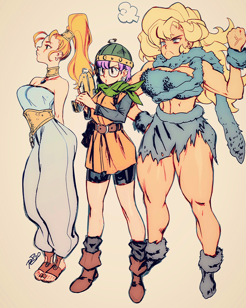 3girls ankle_boots ayla_(chrono_trigger) bags_under_eyes barefoot_sandals belt belt_pouch big_hair bike_shorts blonde_hair boots breasts chrono_trigger cleavage clenched_hand commentary ear_piercing earrings energy_gun english_commentary flat_chest friendly_mutton_chops frown full_body glasses gun hair_tubes hand_on_hip helmet high_ponytail highres holding holding_gun holding_weapon jewelry large_breasts long_legs lucca_ashtear marker_(medium) marle medium_breasts multiple_girls muscle muscular_female neck_ring neckerchief orange_hair pendant perky_breasts piercing pouch purple_hair ray_gun robert_porter short_hair shorts_under_dress tail tail_around_head tan thick_thighs thighs toe_ring toes traditional_media tribal veiny_hands weapon