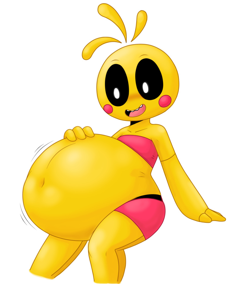 2019 animatronic belly big_belly black_sclera blush blush_stickers clothing duo female five_nights_at_freddy's five_nights_at_freddy's_2 hand_on_stomach hi_res machine nightmarebros overweight pink_clothing robot simple_background toy_chica_(fnaf) velkno video_games vore white_background yellow_body