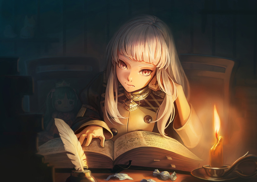 1girl book candle candy chair closed_mouth doll fire_emblem fire_emblem:_three_houses food kazuko_(towa) long_hair long_sleeves lysithea_von_ordelia open_book pink_eyes sitting solo table white_hair
