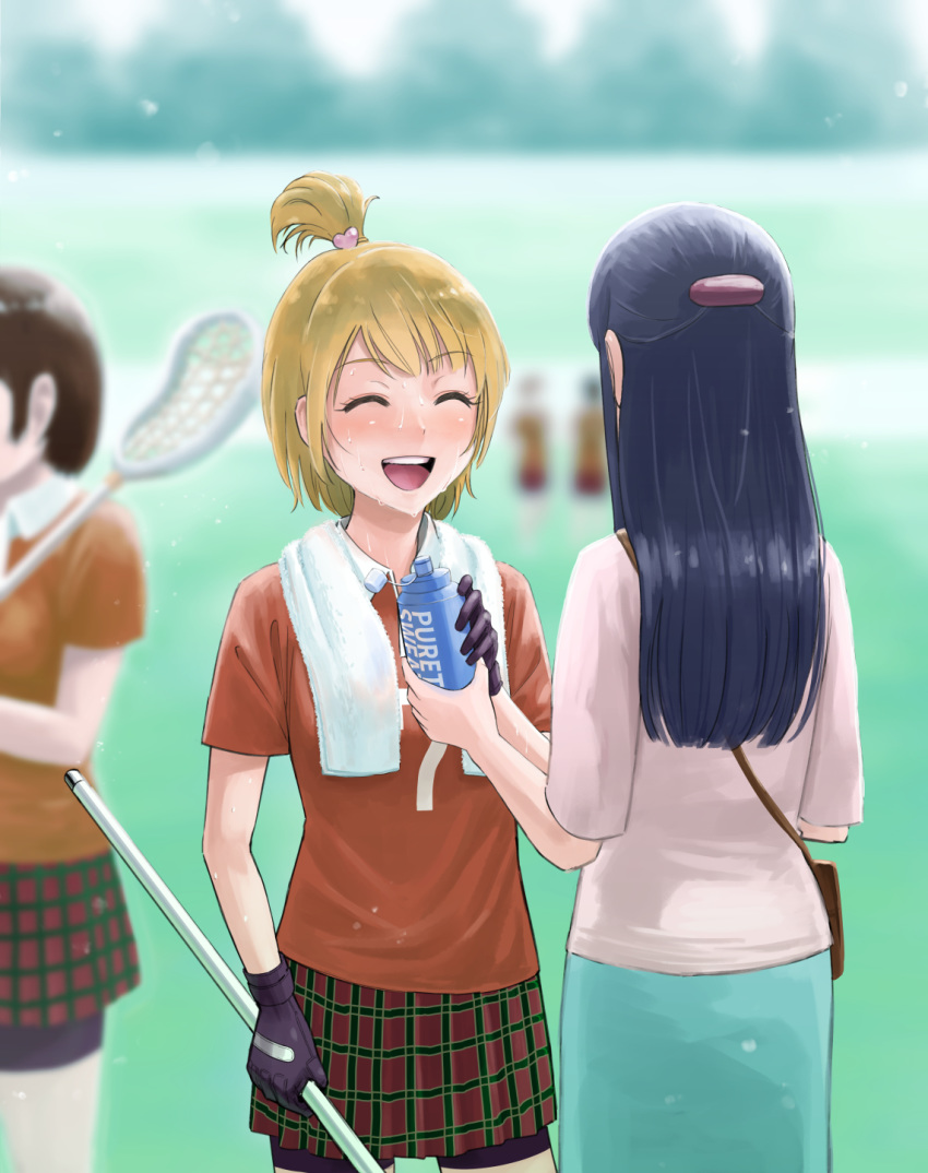 5girls :d bike_shorts black_gloves black_shorts blonde_hair blue_skirt blurry blurry_background blush bottle closed_eyes collared_shirt day futari_wa_precure gloves hair_ornament heart heart_hair_ornament highres holding holding_bottle itou_shin'ichi lacrosse lacrosse_stick miniskirt misumi_nagisa multiple_girls number_print one_side_up open_mouth outdoors pencil_skirt plaid plaid_skirt pleated_skirt precure print_shirt red_shirt shiny shiny_hair shirt short_hair short_shorts short_sleeves shorts shorts_under_skirt skirt smile towel towel_around_neck white_shirt white_towel wing_collar yukishiro_honoka