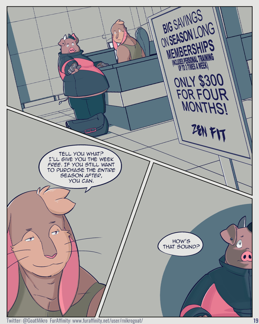 2020 4:5 anthro basil_(mikrogoat) belly clothing comic domestic_pig duo english_text hi_res inside lagomorph leporid male male/male mammal mikrogoat overweight overweight_male rabbit shirt sitting suid suina sus_(pig) text topwear url