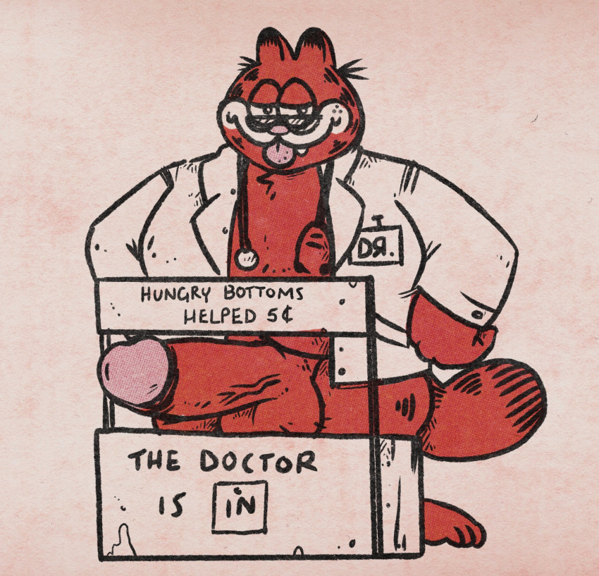 2020 anthro balls clothed clothing doctor domestic_cat english_text erection eyewear felid feline felis garfield_(series) garfield_the_cat garfoffinland genitals glasses hi_res male mammal medical_instrument open_shirt overweight overweight_anthro overweight_male penis scientific_instrument shirt solo text tongue tongue_out topwear