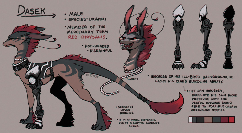 2020 4_toes absurd_res ambiguous_gender cybernetics cyborg digital_media_(artwork) dragon english_text feral fur furred_dragon hair hi_res machine model_sheet neytirix open_mouth red_eyes red_hair smile solo teeth text toes tongue wingless_dragon